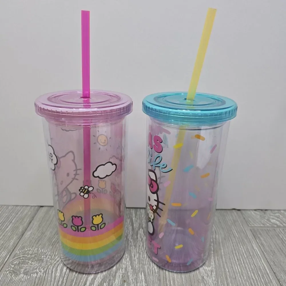 Pair Of Hello Kitty Pink And Blue Travel Tumblers / Cups Lid 20oz